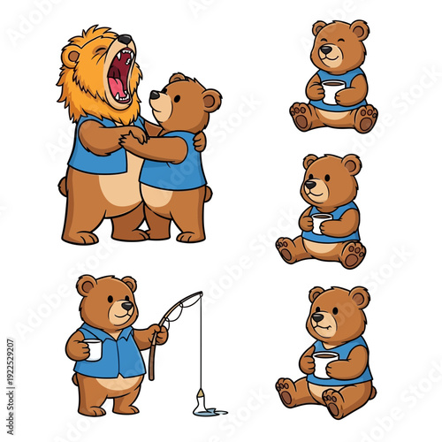 Cartoon bears in various poses, including hugging, sitting, and fishing.