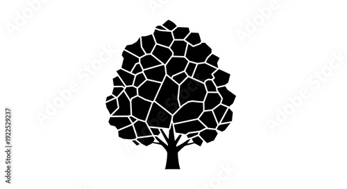 Black silhouette of a tree with mosaic leaves on white background.
