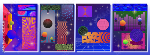 1980s Posters Style Illustration Set. Retro Party Placards Backgrounds, 1980s Colors and Shapes, Vintage Graphic Design, Abstract Illustrations, Gradient Backdrops