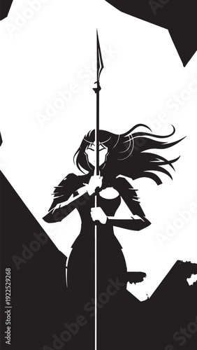 High contrast silhouette of a knight in armor with spear and banner.