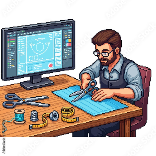 Man working on a sewing project with scissors and measuring tape at desk.