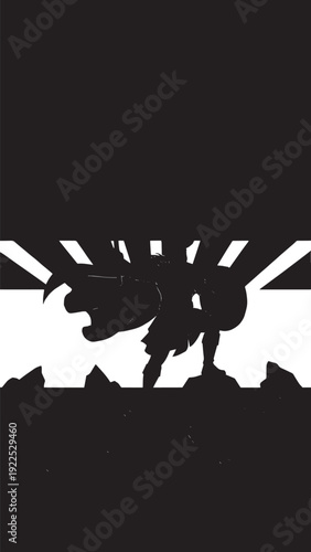 Silhouetted horse and rider across a stark landscape under a radiating sunburst.