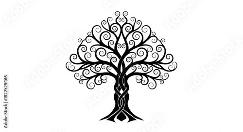 Stylized black tree with swirling branches on white background.