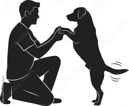 Silhouette of a man kneeling and holding hands with a happy dog wagging its tail isolated on white background for pet care and friendship concepts.