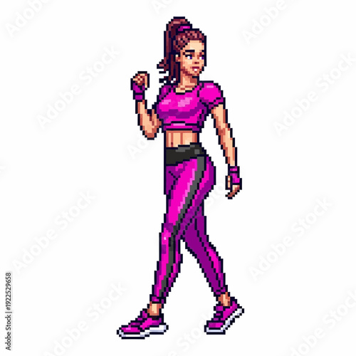 Pixel art of a woman in athletic wear, striking a confident pose.