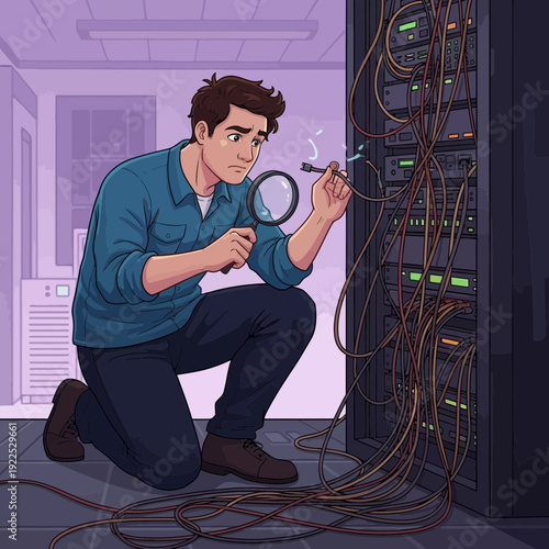 Man inspecting and troubleshooting wires in a server room.