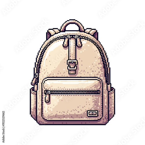 Pixel art of a beige backpack with multiple compartments and zippers.