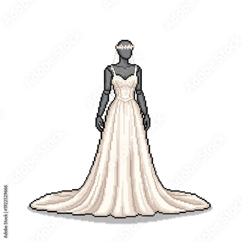 Pixel art wedding dress on a mannequin with veil and gloves.