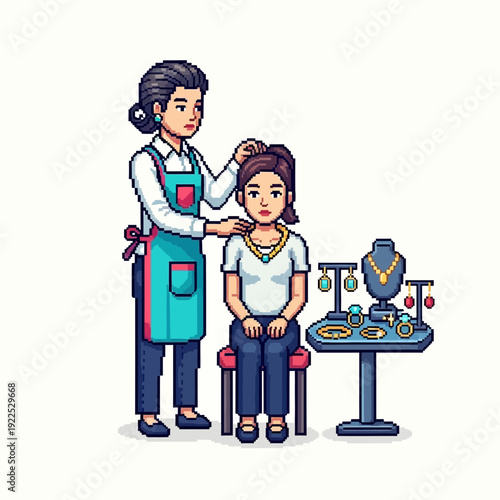 Woman getting her hair styled at a jewelry and accessories display.