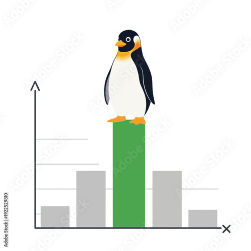 Cartoon penguin standing on a green bar in front of a bar chart.