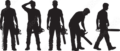 Set of male lumberjack and forestry worker silhouettes in various standing and walking poses holding chainsaws isolated on white background for industrial logging concepts.