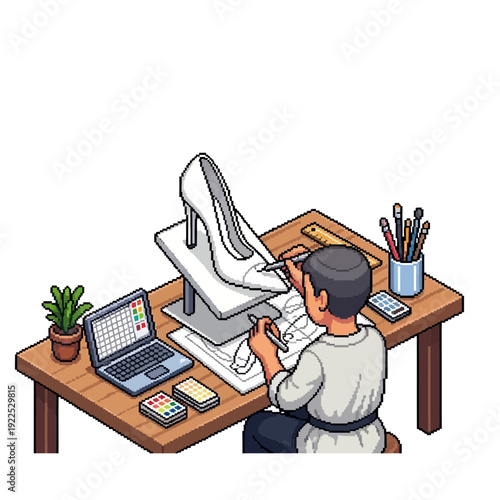 Person working on a shoe design at a desk with tools and a laptop.