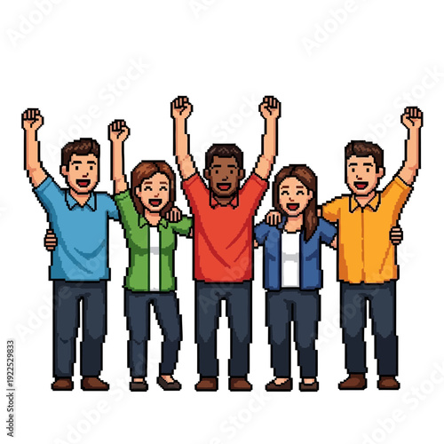 Group of five pixel art characters celebrating with raised fists and smiles.