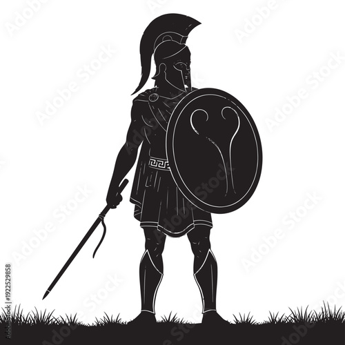 Silhouette of a medieval knight with shield and sword standing on grass in a bold monochrome pose.