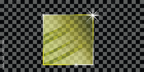A transparent green rectangle with a yellow outline and white sparkles on a black and gray checkered background silhouette