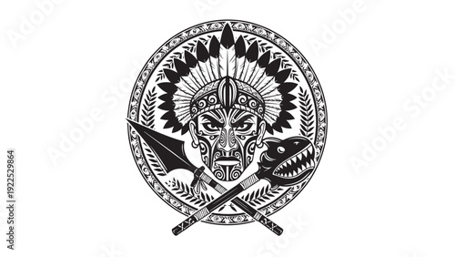 Intricate circular tribal mask emblem with horns and decorative linework in black and white.