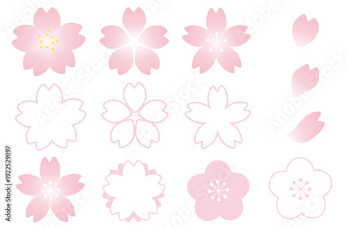 淡い桜色のシンプルな桜の花パーツセット 塗りつぶしと線画バリエーション入り 春素材向けベクターイラストコレクション