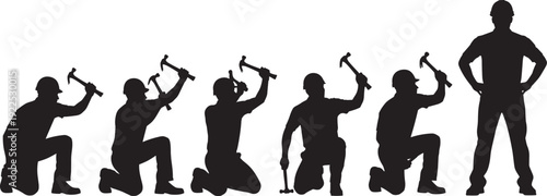 Set of male construction worker silhouettes in hard hats kneeling and using a hammer in different motion stages isolated on white for repair concept.