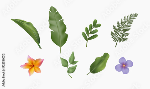 A vibrant collection of green tropical palm leaves and exotic flowers, 3D vector illustration, perfect for summer