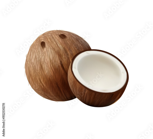 Whole and half of fresh ripe coconut 3D illustration isolated on white background. Coconut fruit with cut in half. 3d