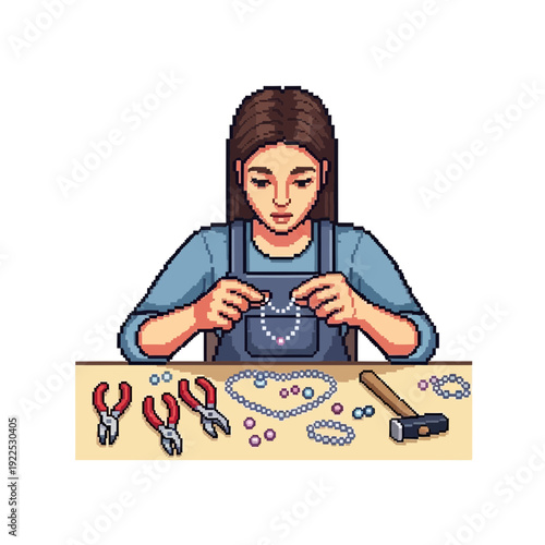 Woman making jewelry with pliers and beads at a worktable.