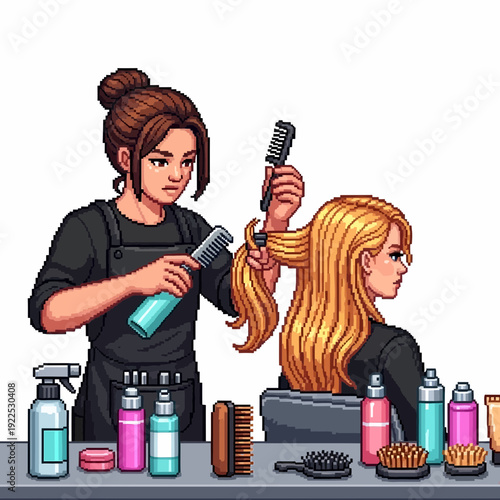 Hairdresser styling a woman's long, blonde hair with various hair products on the table.