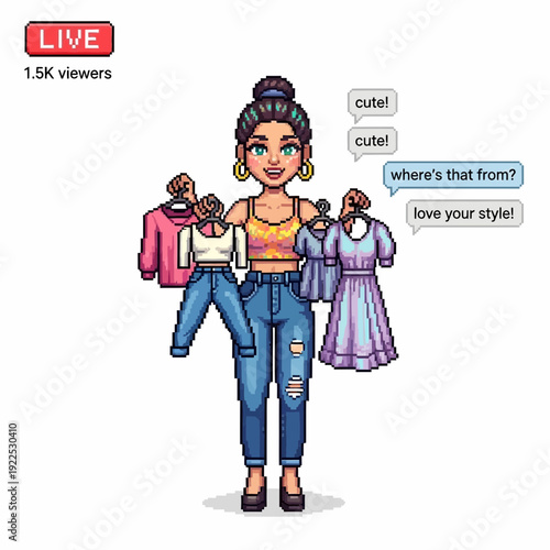 Pixel art of a woman showcasing various stylish outfits on hangers.