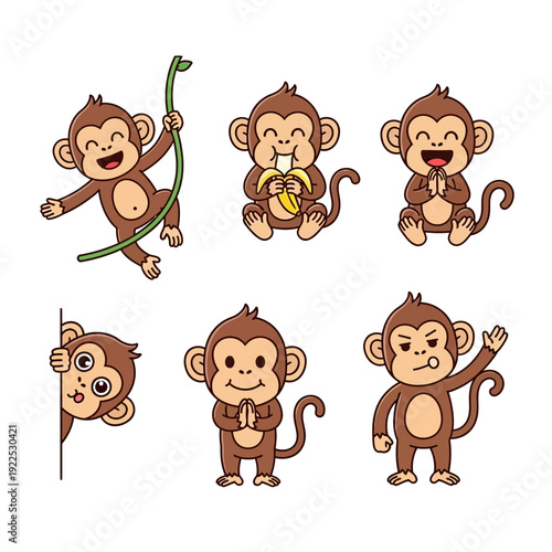 Six cartoon monkeys in various playful poses and expressions.