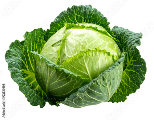 Fresh green cabbage head isolated on a white background.