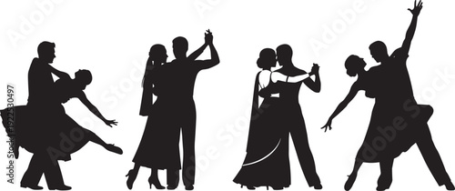 Set of elegant ballroom dancing couple silhouettes in graceful poses including tango, waltz, and latin dance styles isolated on white background for arts and performance.