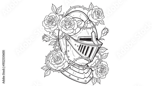 Medieval Knight Helmet Surrounded by Roses in Line Art Illustration.