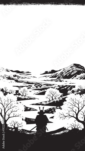 Silhouette of a lone traveler overlooking a tranquil monochrome mountain landscape.