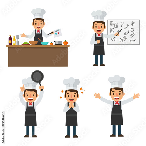Cartoon chefs demonstrating cooking, teaching, and presenting in various poses.