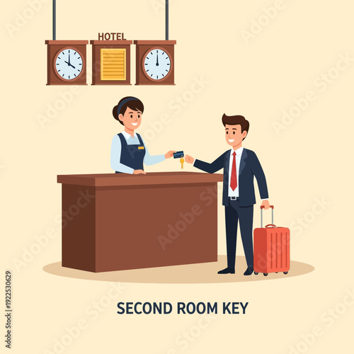 Man receiving a key from a hotel receptionist at the front desk.