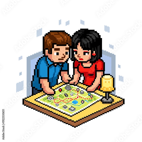 Two pixel art characters playing a board game together at a table.