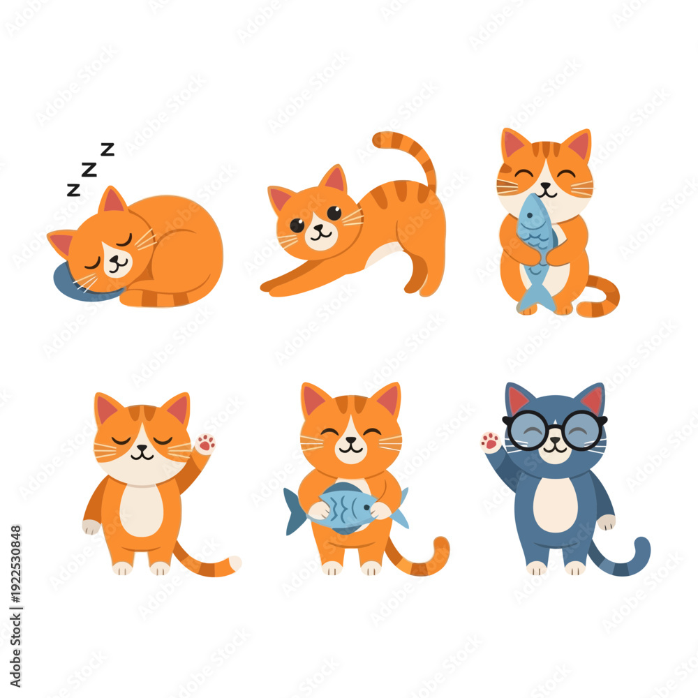 Fototapeta premium Collection of cartoon cats in various poses, including sleeping, playing, and wearing glasses.