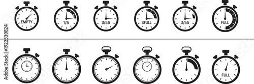 Stopwatch and Chronometer Icon Set Representing Time Intervals Progression and Deadlines