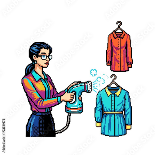 Woman steaming clothes with two hanging dresses in the background