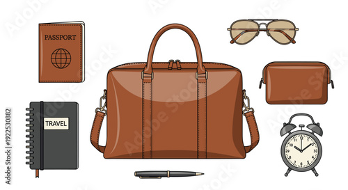 A brown leather travel bag, passport, notebook, pen, sunglasses, toiletry bag, and alarm clock are arranged on a white background.