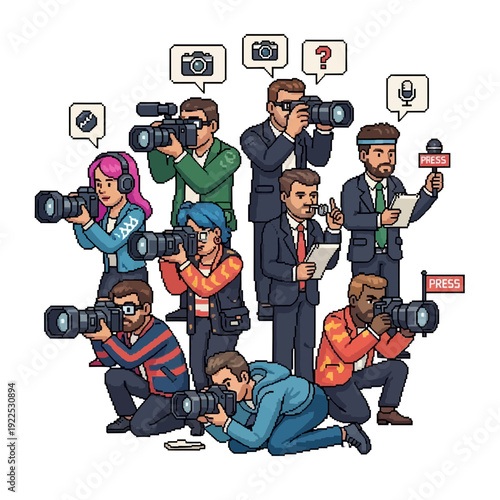 Group of journalists and photographers capturing images and reporting news.
