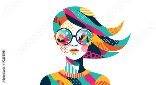An abstract woman with colorful hair and a landscape reflected in round sunglasses is posing on a white background.