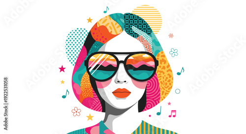 An abstract woman with colorful bob hair and a reflected landscape in sunglasses poses amidst musical notes and stars.