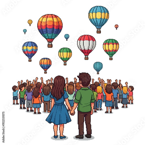 Children and adults watch colorful hot air balloons in the sky during a festival.