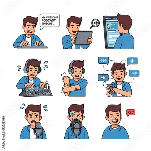 Cartoon characters recording, editing, and sharing a podcast episode.