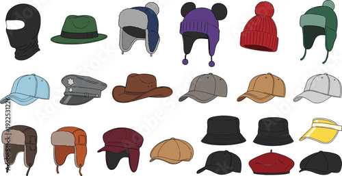 Winter and Casual Hats Collection with Beanies Caps Ushanka Cowboy and Bucket Hats Vector Illustration Set