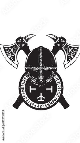 Crossed axes over a round shield with Norse runes and dark emblem design.