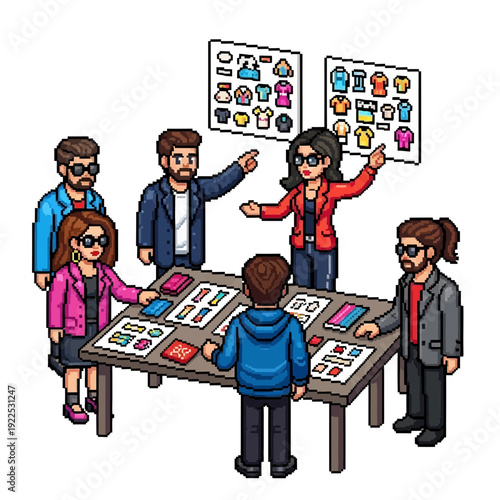Pixel art of a group of people discussing clothing designs at a table.