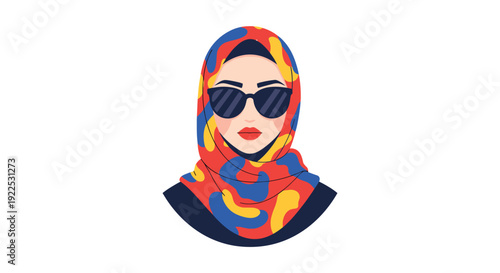 Illustration features a stylish woman wearing a vibrant, colorful, abstract patterned hijab and modern black sunglasses.