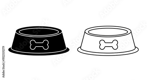 Two dog bowls with bone design, black and white, simple line art illustration Vector