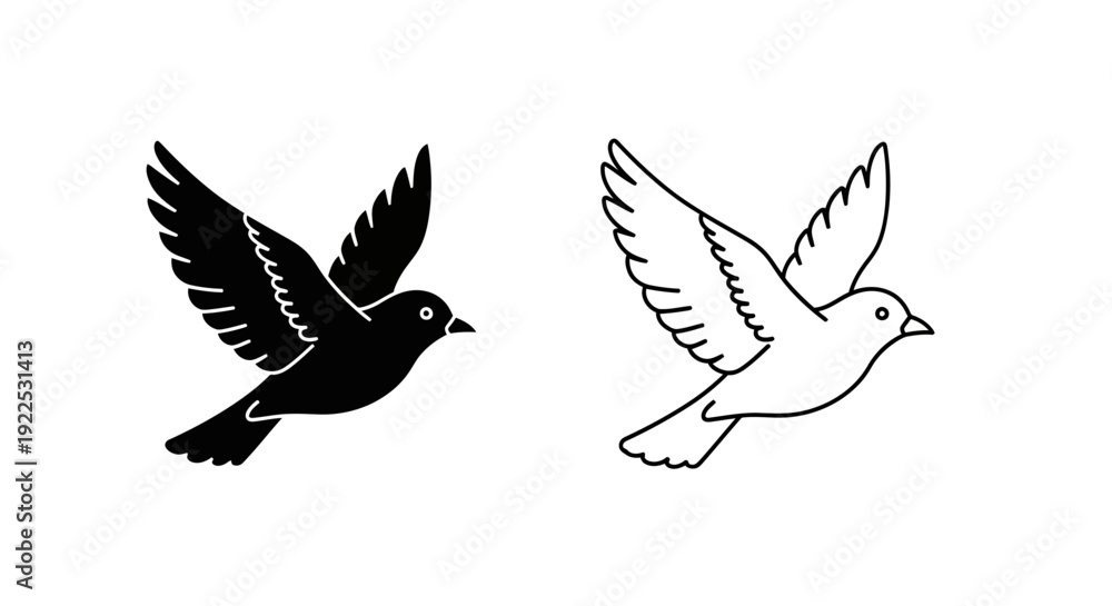 Fototapeta premium Two birds flying together - black and white illustration, vector art, minimalist design Vector